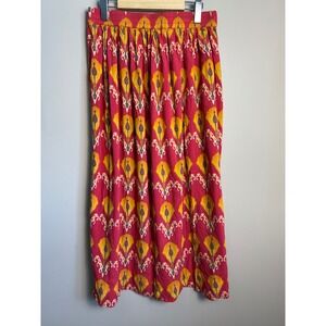 Bombay Paisley Pink Yellow Ikat Print Viscose Maxi Skirt Boho Festival Artsy M